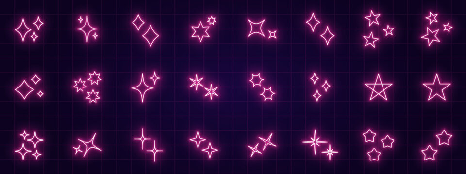 ネオンカラーの星とキラキラ記号のアイコンセットneon color star and sparkling symbol icon set.