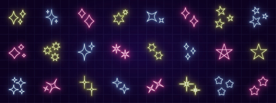 ネオンカラーの星とキラキラ記号のアイコンセットneon color star and sparkling symbol icon set.
