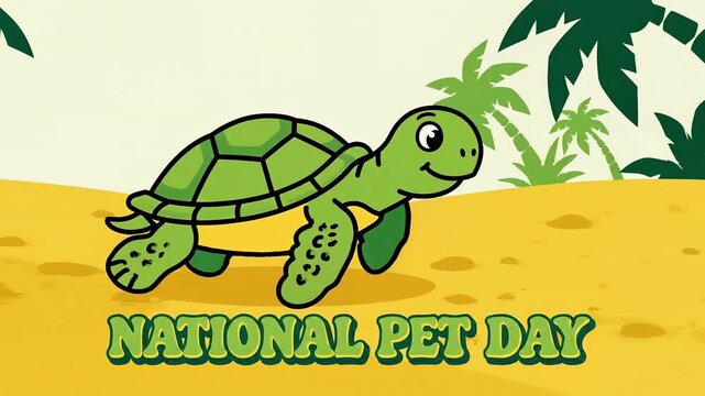 Cartoon turtle on sandy beach with palm trees and National Pet Day text 4K video
