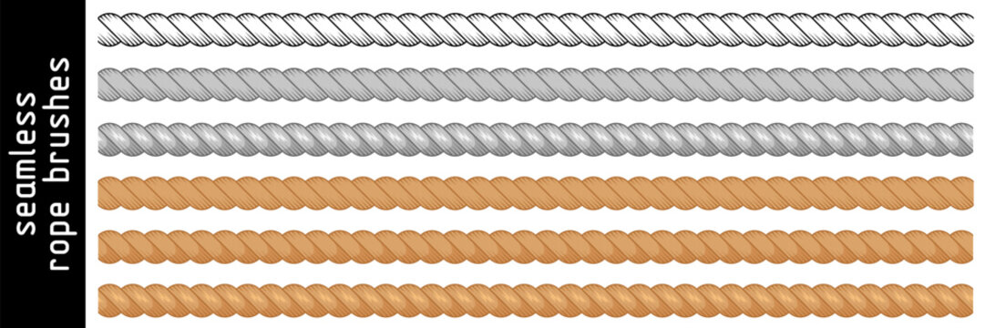 Rope string seamless patterns, set of braid brush borders. Cowboy or sailor, nautical, marine knit cords. Western decorative cables for frames. Vector illustration isolated on white background