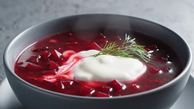 Steaming Bowl of Borscht Soup With Sour Cream and Dill Garnish