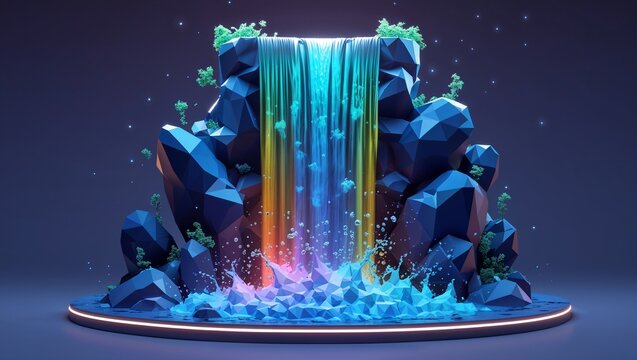 Low polygon rainbow waterfall flowing over geometric rocks on a dark background, vibrant fantasy nature and abstract background concept