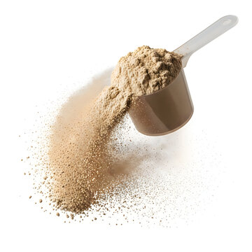 Protein powder, brown supplement, healthy nutrition, fitness scoop