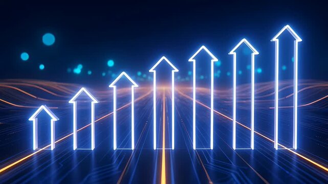 Neon arrow chart rising across glowing digital grid symbolizing business growth and technology optimism with vibrant blue and orange light streaks evoking forward momentum glowing neon arrows rising