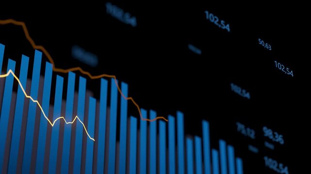 Stock market chart with decreasing trend showing data points over time in a dark background setting.