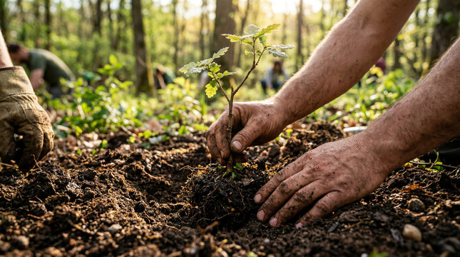 Close up of dedicated hands carefully planting a small, vibrant oak sapling seedling into dark rich soil outdoors