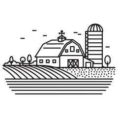 Naklejka premium Iconic Farm Barn and Silo with Fields in Minimalist Line Art Style