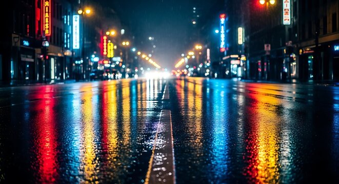 Rainy city street with wet asphalt reflecting street lights, cinematic night atmosphere, dramatic lighting, urban scene, glossy reflections, moody weather