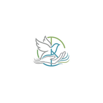 Dove Flying Over Open Hands with Circular Symbol.