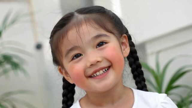 Close-up of a little girl with double braids smiling