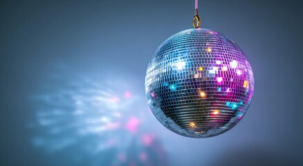 Fototapeta premium Disco Ball Reflecting Colorful Lights on a Gradient Background Party Atmosphere Modern Detail