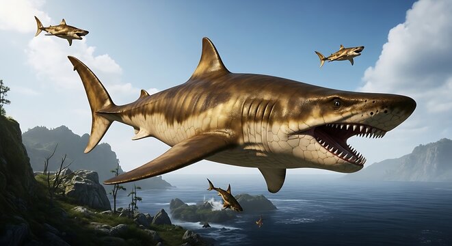 Large prehistoric shark with sharp teeth.