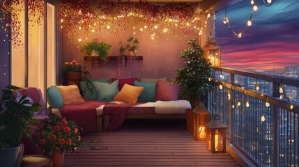 Naklejka premium Cozy balcony decorated with hanging lights and plants at sunset. Relaxing outdoor lounge area with sofa and lanterns. Romantic city terrace overlooking the skyline at twilight.