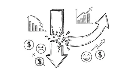 Naklejka premium Business finance growth concept, hand drawn economy crisis, stock market down, vector illustration