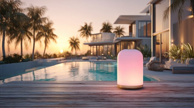 Glowing smart speaker on wooden table by pool at villa during sunset. Portable wireless light device for outdoor relaxation. Modern home decor and interior design luxury lifestyle concept.