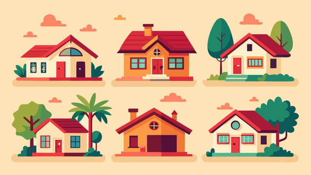 Set of colorful flat vector residential house illustrations for suburban real estate concepts