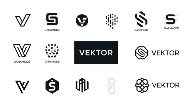 Collection of modern V and S lettermark logos and abstract designs.