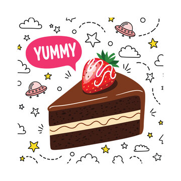 Delicious Chocolate Cake Slice with Strawberry Topping and "Yummy" Speech Bubble