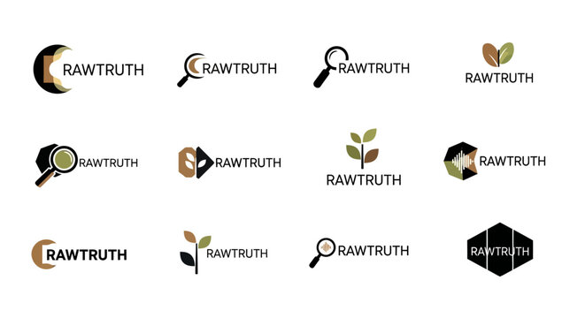Collection of Rawtruth logo designs showcasing business and truth concepts.