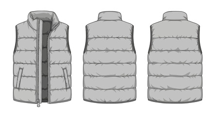 The illustration shows a gray puffer vest from front and back views © fatkul