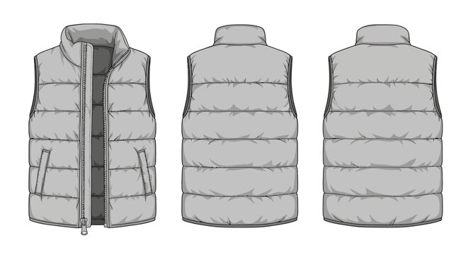 The illustration shows a gray puffer vest from front and back views
