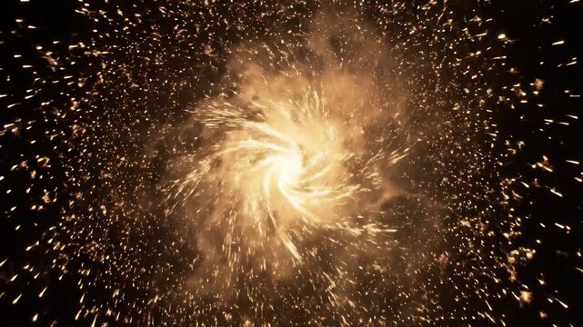 Dynamic radiant spark flutter on black concept. Bright golden fireworks explosion with glowing sparks at night celebration event