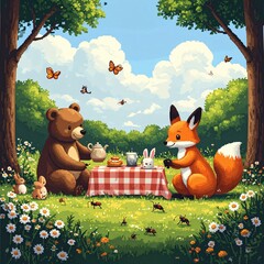 Naklejka premium Charming pixel art shows a bear and fox sharing tea in a sunny meadow. This whimsical forest scene captures friendship and nature, perfect for childrens books or nursery wall decor.