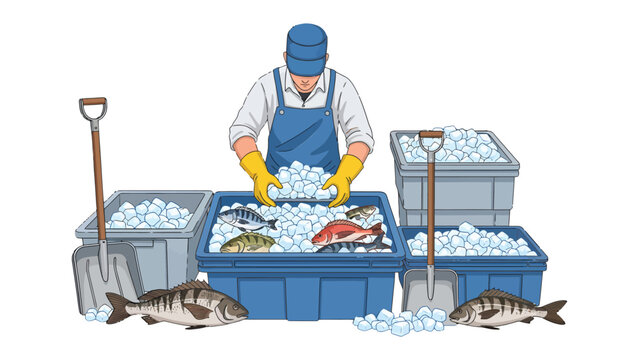Fisherman with his Catch: A fisherman meticulously arranging fresh fish within chilled containers, ensuring the utmost quality.