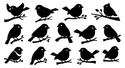 Fototapeta premium Bird Silhouettes Vector Illustration Set: Black Graphic Collection of Small Songbirds for Nature Design Elements