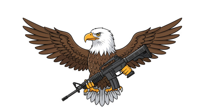 Bald Eagle with Assault Rifle Vector Illustration, Patriotic Cartoon Graphic Symbolizing American Freedom and Second Amendment, USA Military and National Themes.