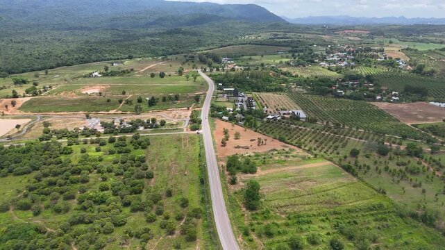 High-angle drone footage of a winding mountain road cutting through dense green forest, capturing natural landscape, scenic travel route, and peaceful countryside environment from above.
