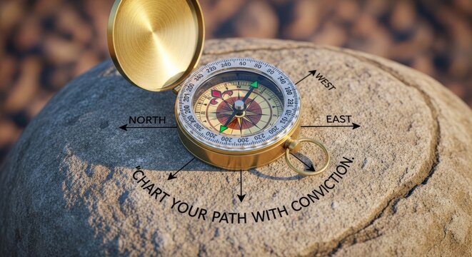 Golden Compass Pointing North on Stone Surface