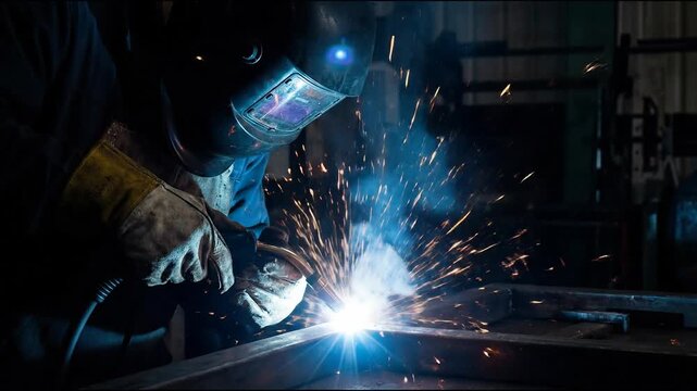Dynamic radiant spark flutter on black concept. Professional welder working with sparks and protective gear in industrial workshop environment