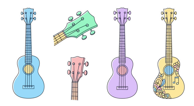 Colorful ukuleles on white background.