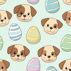 Cute puppy faces and striped easter eggs seamless pattern on light blue background, adorable pet and holiday themed illustration for textile, pet art trending, high quality, 4K © BrainRoot