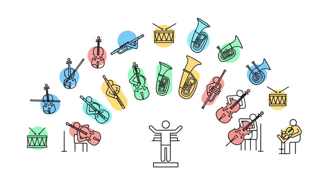 conductor leading orchestra with musical instruments.