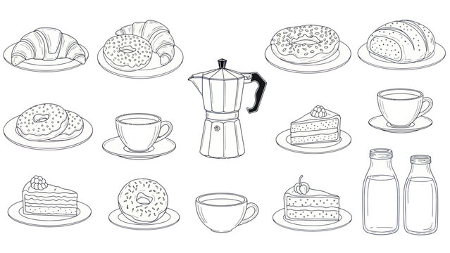 Collection of Delicious Pastries Coffee and Drinks Hand Drawn Sketch.