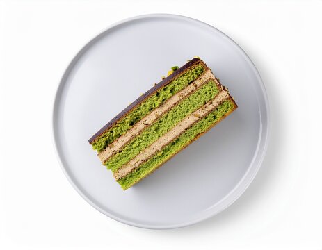 Top view of matcha opera cake slice on white plate