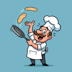 Naklejka premium Cartoon chef tossing pizza dough in air with frying pan