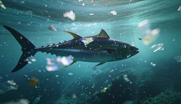 underwater macro shot of shimmering suspended microplastics with distant tuna silhouette and depth of field blur perfect for world tuna day