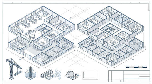 Isometric Architectural Blueprint of Modern Office Building Floor Plan with Construction Site Elements, Crane, Engineering Tools, and Technical CAD Details