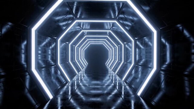 Futuristic octagonal sci-fi corridor with glowing neon white and blue lights on dark metallic panels and reflective floor.
