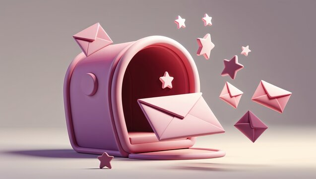 Pink mailbox with envelopes bursting out in soft clay style on a clean background, inbox overload communication and message delivery concept