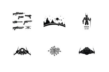Fototapeta premium Futuristic sci-fi iconography collection featuring weapons, robots, and space elements