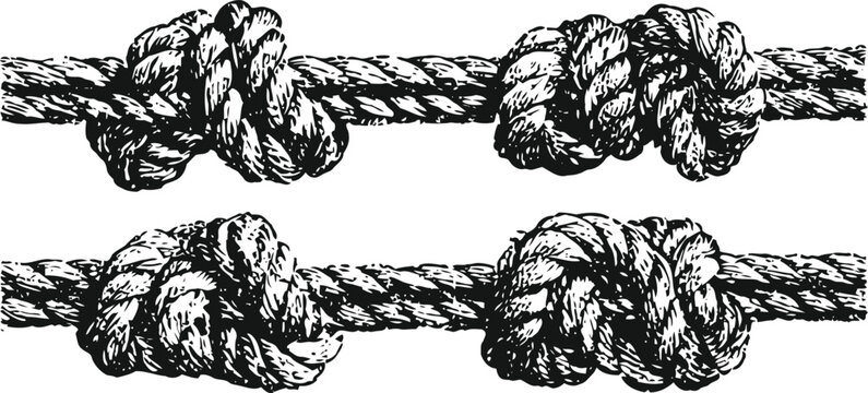 hand drawn rope knots illustration nautical tied ropes close up, detailed sketch of rope textures and knots