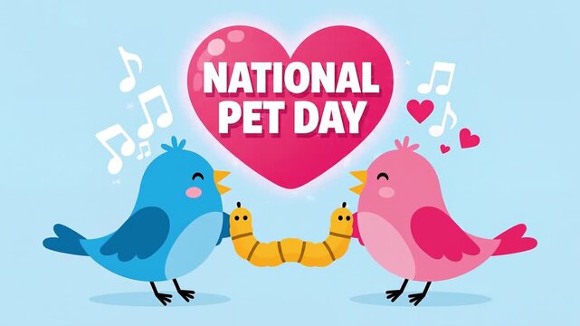 Two cartoon birds sharing a worm under a heart for National Pet Day