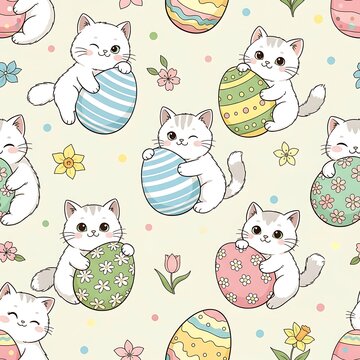 Charming white kittens holding colorful easter eggs seamless pattern for spring fabric design with easter egg with white cat with cute animal with baby trending, high quality, 4K