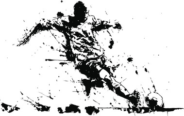 Obraz premium Dynamic soccer player kicking ball in abstract black ink splatter action illustration
