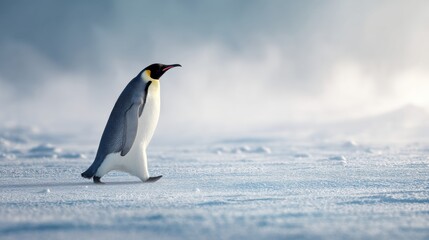 Obraz premium Emperor penguin walking on ice in Antarctica. Wildlife in natural polar habitat. Cold winter environment, bird trekking through snow, climate change and nature conservation concept.