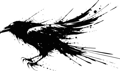 Naklejka premium Black raven silhouette with splattered ink effect and dynamic wing feathers design